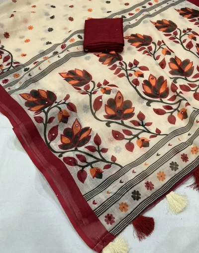 Linen Jamdani Style Printed Saree - Off White